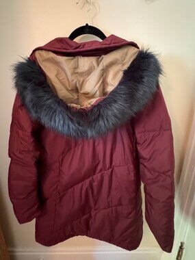 Columbia Maroon Winter Coat with Blue Fur Lined Hood
